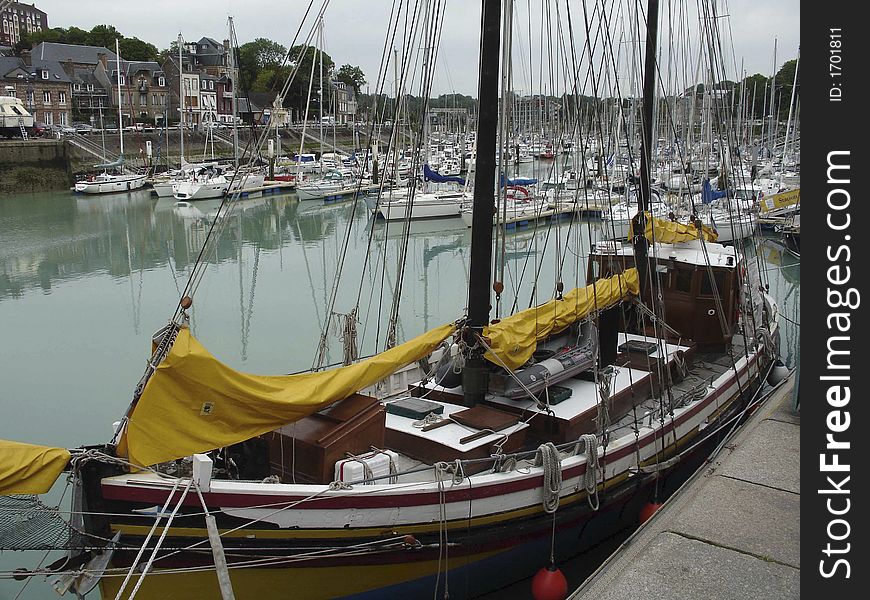 In the small city of st valery en caux in normandy a old style fishing vessel. In the small city of st valery en caux in normandy a old style fishing vessel