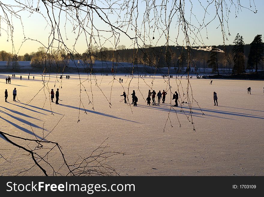 Ice skating on the lake Bogstadvannet in Oslo in Norway. Ice skating on the lake Bogstadvannet in Oslo in Norway.