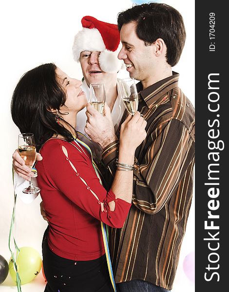 Couple celebrating with santa in white background