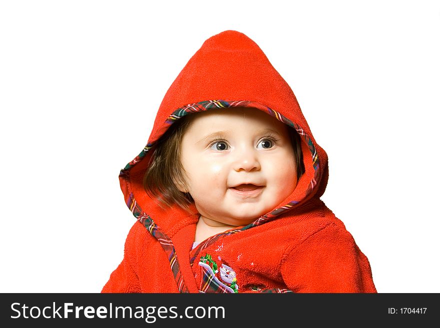 Adorable Baby In Red Bathrobe