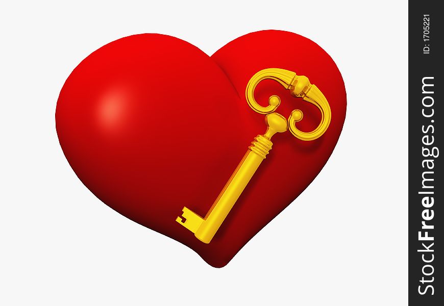 Isolated 3D of heart and gold key. Isolated 3D of heart and gold key