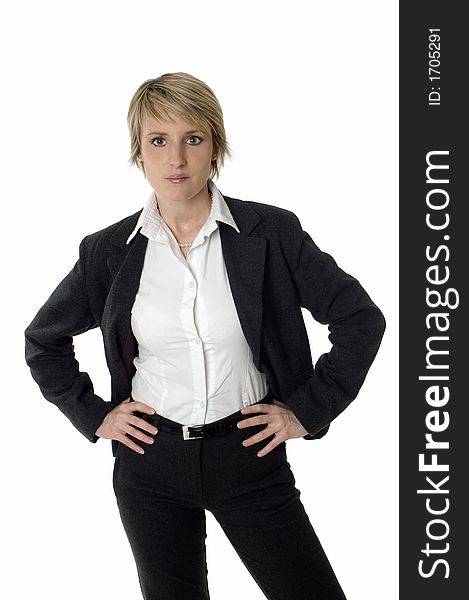 Business woman standing and looking on white