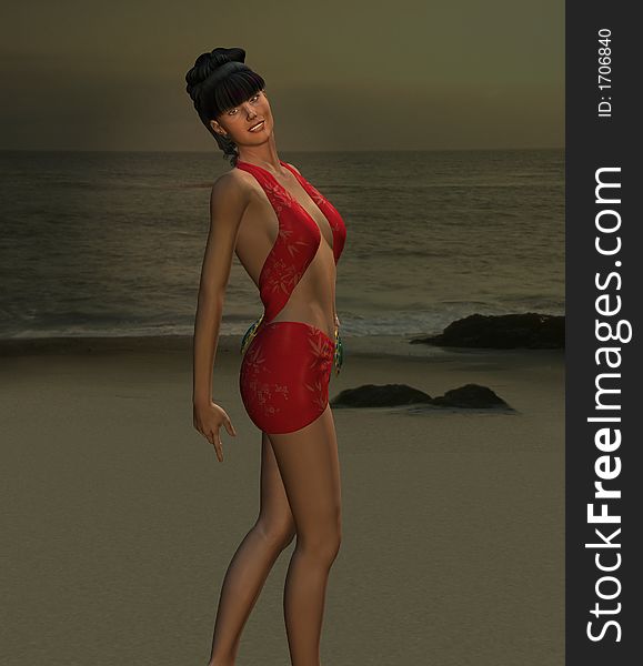 Beautiful raven haired Angie on the beach.  3D model, computer generated