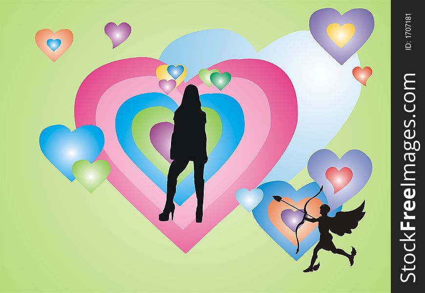 Green background with colored hearts, black woman shape and cupid silhouette. Green background with colored hearts, black woman shape and cupid silhouette