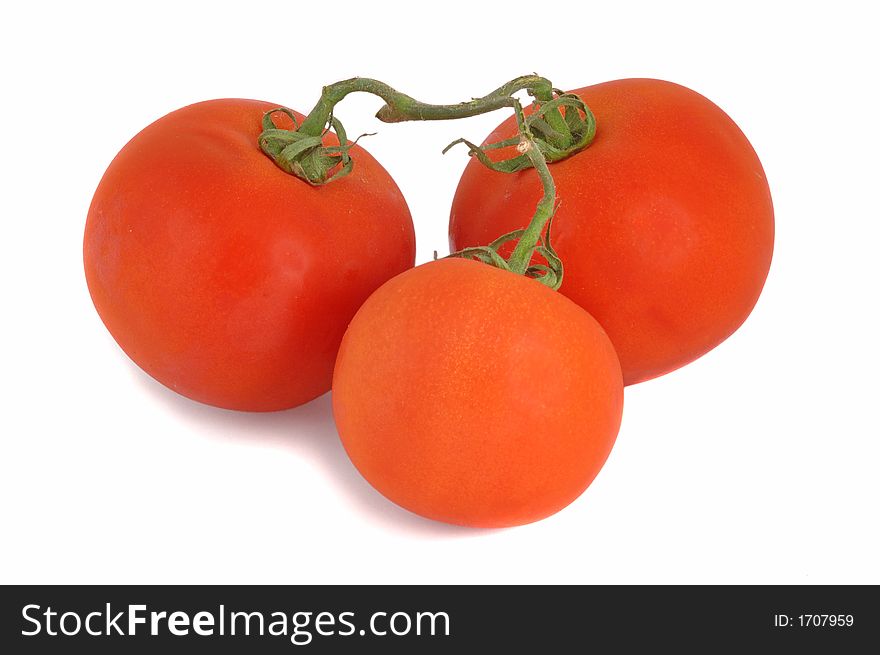 Close up shot of three tomatoes on stalk, isolated