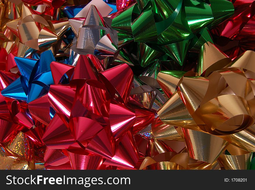 Close-up of a bunch of mult-colored bows.