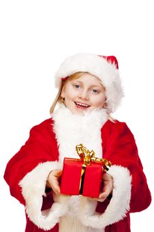 Happy Santa Claus Girl Holds Christmas Gift Stock Photography Happy Santa Claus Girl Holds Christmas Gift Stock Photography