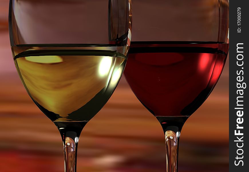 Two wine glasses in close up showing reflections. One red and one white wine