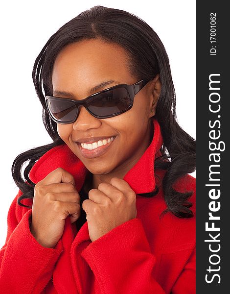 African American woman with warm red winter coat. African American woman with warm red winter coat