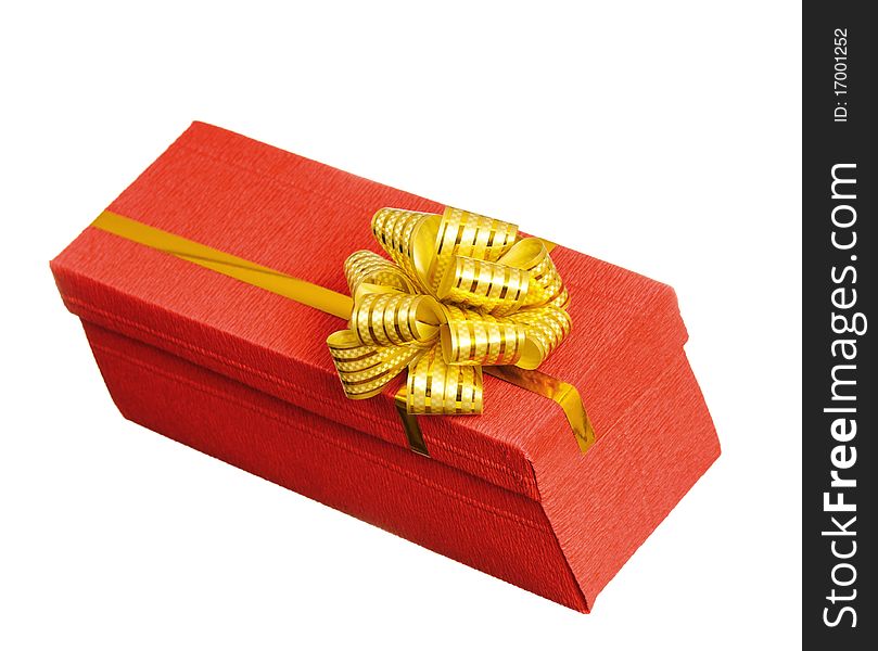 Red gift box with ribbon and bow on white background