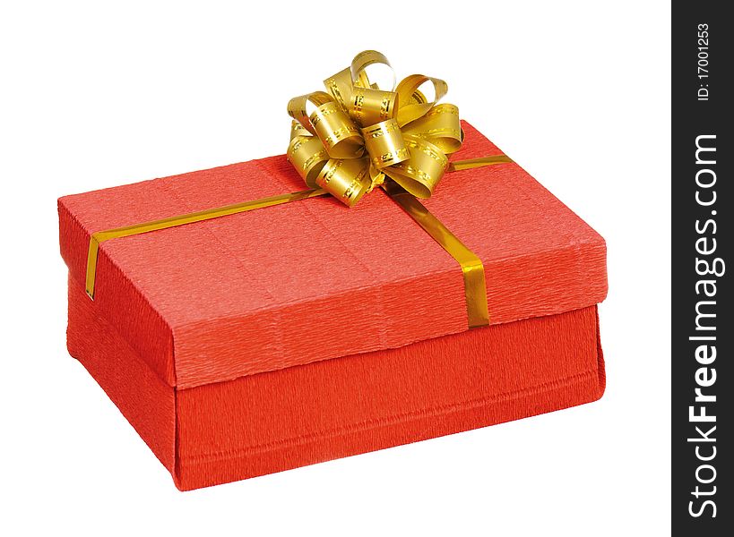 Red gift box with ribbon and bow on white background