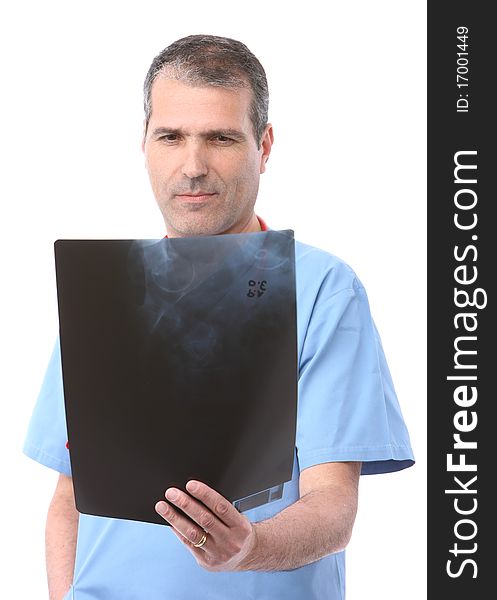 Doctor looking at a xray in a white background