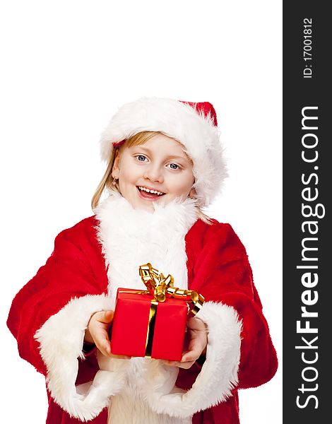 Happy santa claus girl holds christmas gift