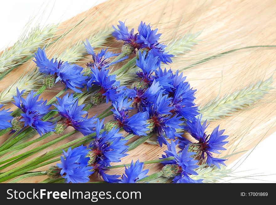 Bunch of cornflowers and green cereals on a wood board. Bunch of cornflowers and green cereals on a wood board