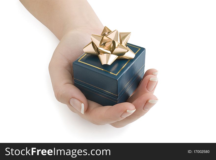 Gift in hand isolated on white