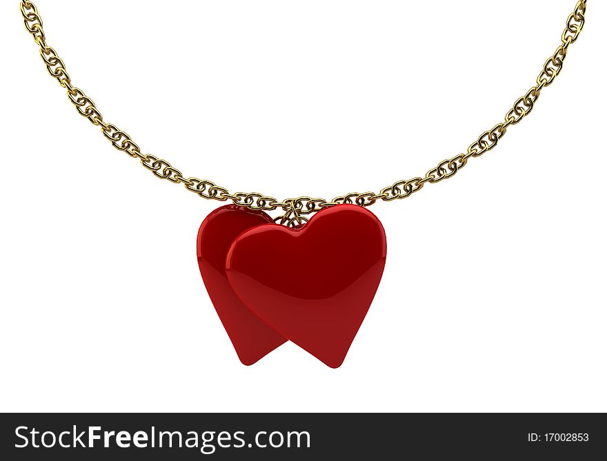 Two bound  hearts with a gold chain on white background isolated