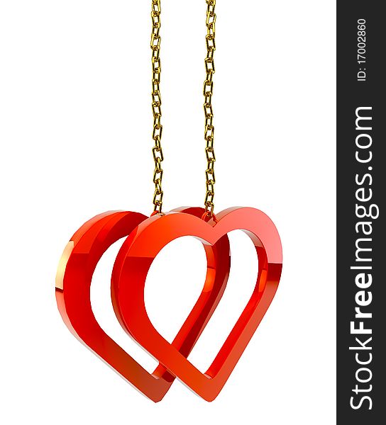 Two bound hearts with a gold chain on white background isolated
