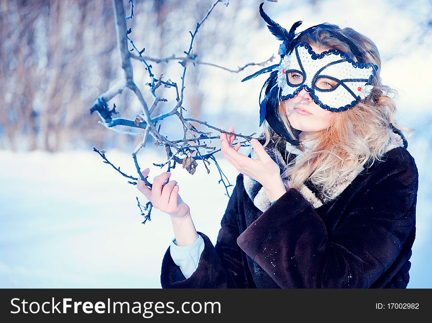 Winter Girl Behind Snow Tree