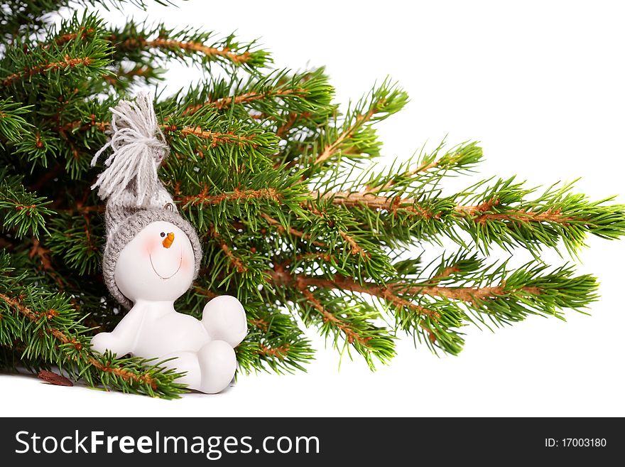 Holiday background. Festive snowman in seasonal setting