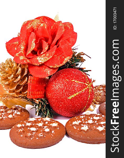 Christmas decoration and biscuits on withe background