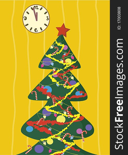 Cartoon christmas tree with clock