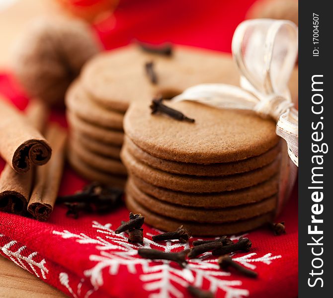 Gingerbread cookies tied with a ribbon