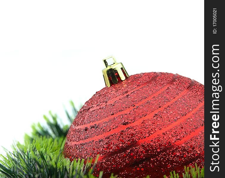 Christmas red ball and tinsel close up. Christmas red ball and tinsel close up