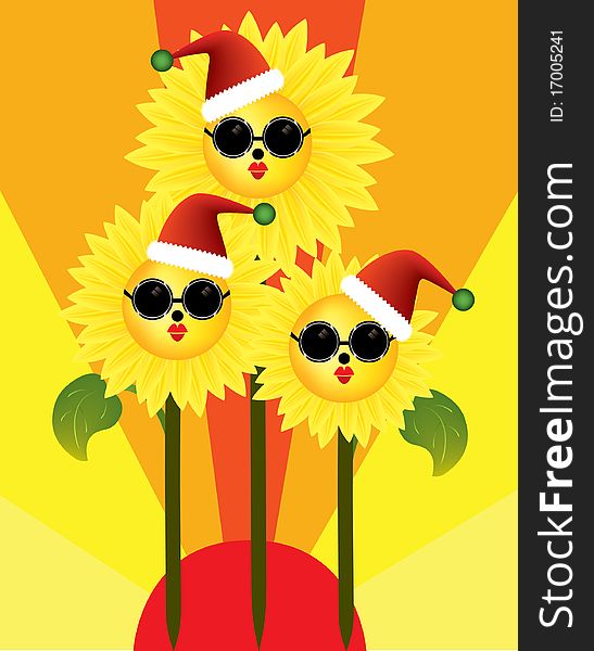 Greetings of sunflowers in the sun with sunglasses. Greetings of sunflowers in the sun with sunglasses