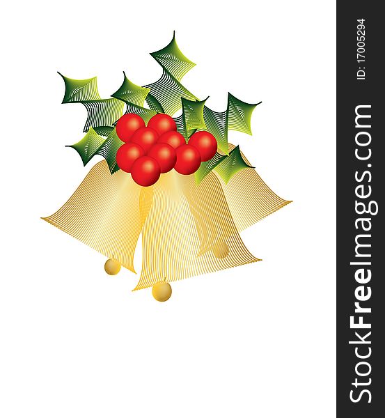 Golden Christmas bells decorated with holly and holly berries and a delicate floating vertical line pattern.