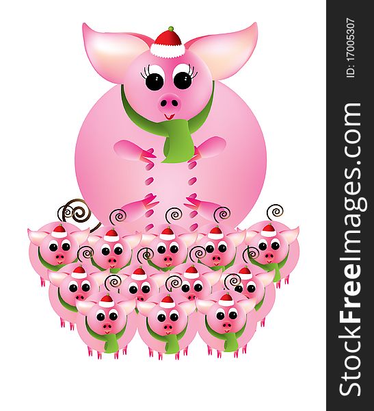 Merry Christmas From Pink Piggies On A White Backg