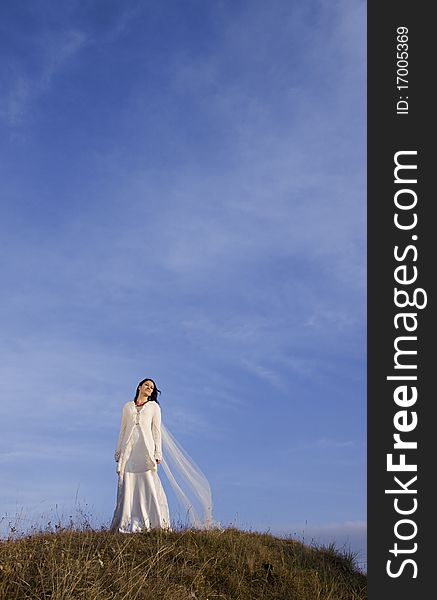 Beautiful bride standing against blue sky. Beautiful bride standing against blue sky