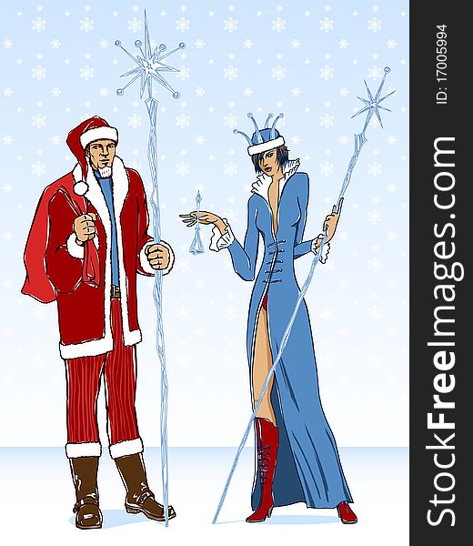 Merry Christmas and Happy New Year theme. Man and woman are dressed like Santa Claus. Vector illustration with separate layers for the colors and contours. Merry Christmas and Happy New Year theme. Man and woman are dressed like Santa Claus. Vector illustration with separate layers for the colors and contours.