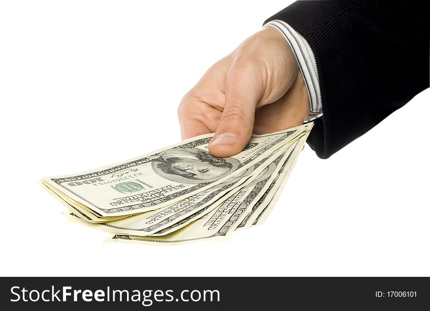The stretched man's hand with dollars on a white background