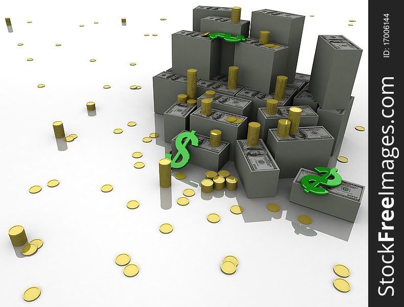 Gold, a lot of money, the dollar icons, white background, 3d rendering,