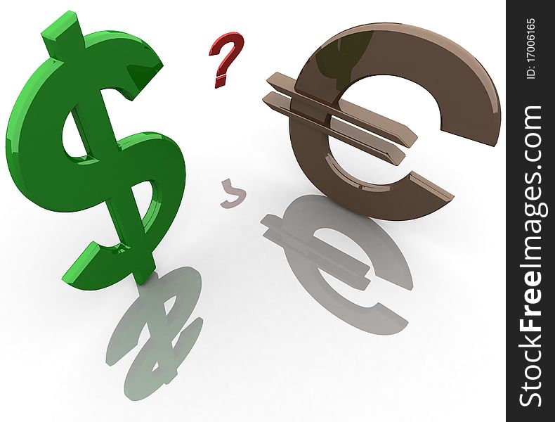 3D model, an icon dollar, the euro, the question mark on a white background. 3D model, an icon dollar, the euro, the question mark on a white background