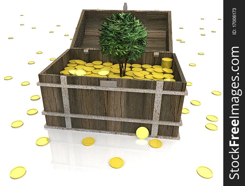 Model of a chest full of gold coins, from which grows a tree on a white background. Model of a chest full of gold coins, from which grows a tree on a white background