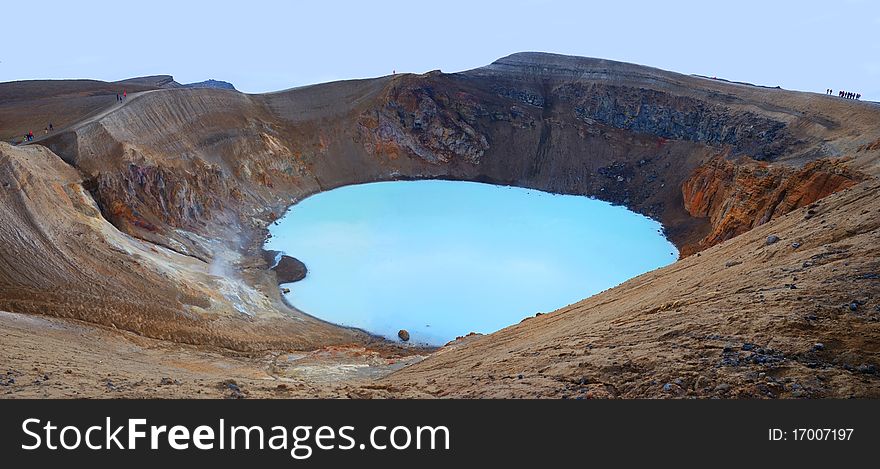 Panoramic view old inactive volcanic crater filled with turquoise colour lake. Panoramic view old inactive volcanic crater filled with turquoise colour lake