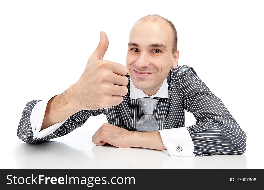 Happy businessman with thumbs up gesture, isolated on white