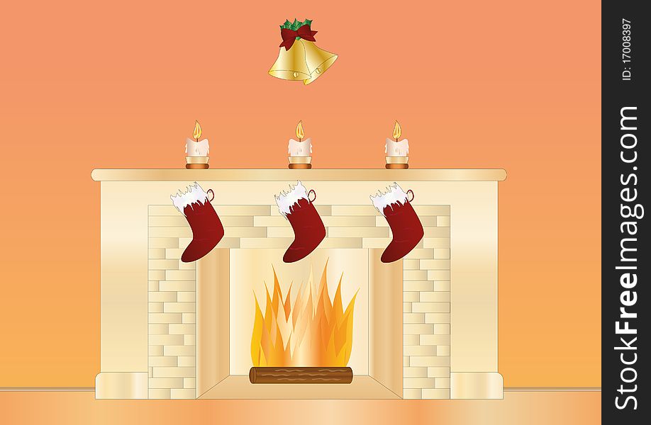 Romantic fire place with christmas soks and candles on light background