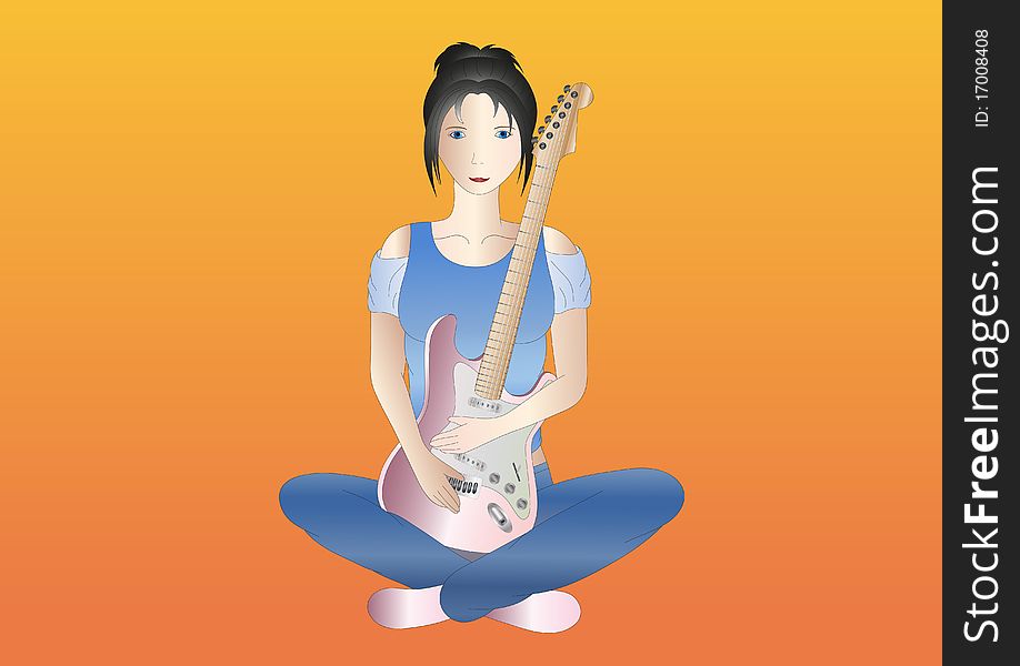 Illustration of a young woman with guitar on light background. Illustration of a young woman with guitar on light background