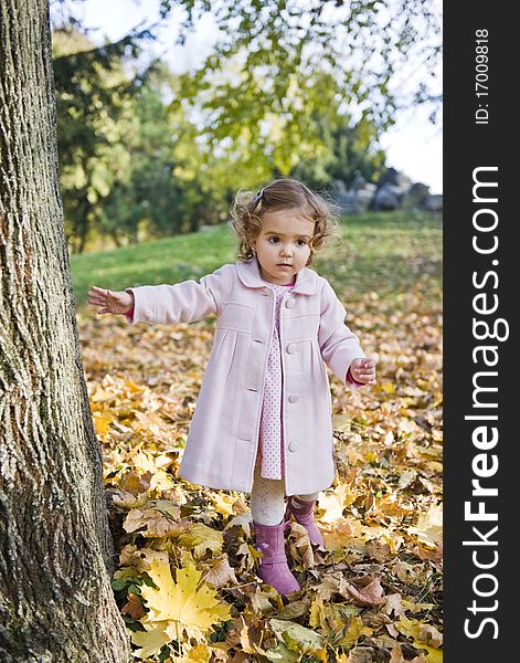 Little girl walking trough leaves in the park , in a autumn day