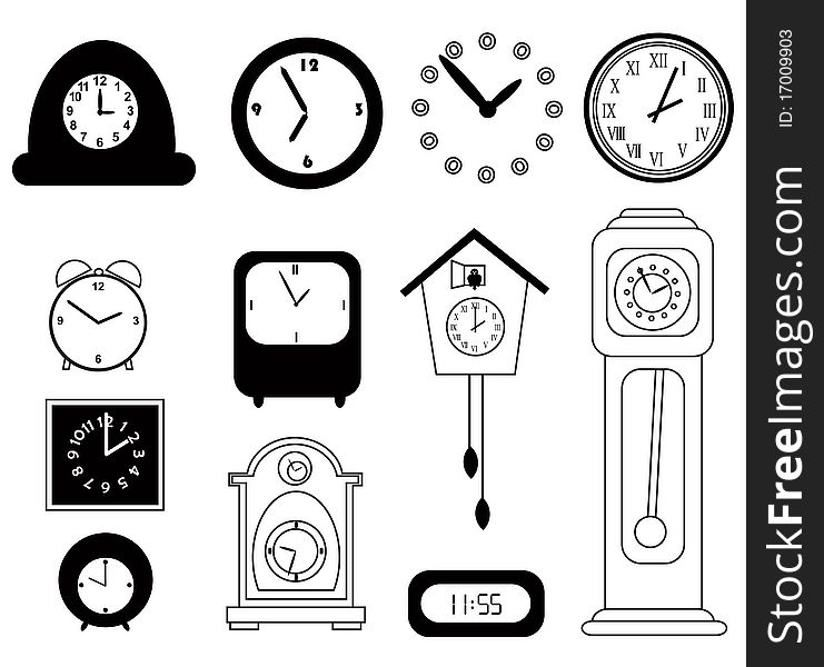 Set of black and white clocks. Set of black and white clocks