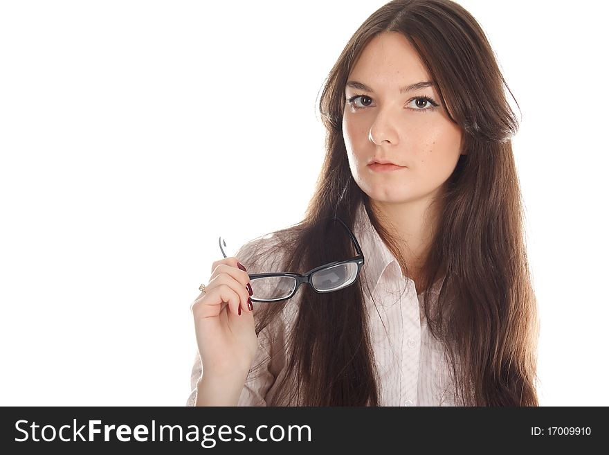 Businesswoman with the glasses on the white background. Businesswoman with the glasses on the white background.