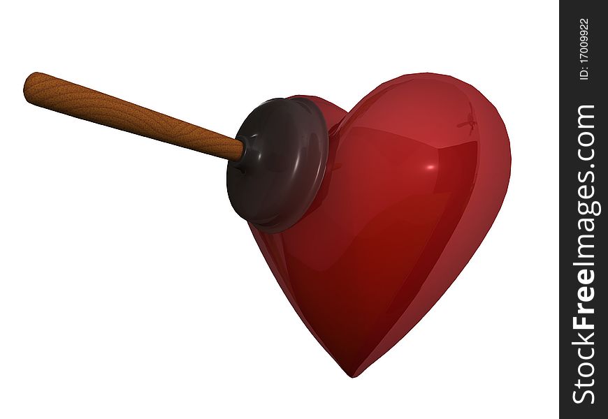 Rubber plunger and red heart on white. Rubber plunger and red heart on white