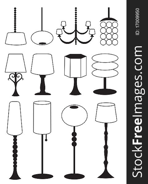 Set of black and white lamps and lights. Set of black and white lamps and lights