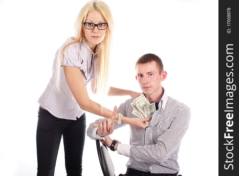 Businesswoman with money and the man on white background. Businesswoman with money and the man on white background.