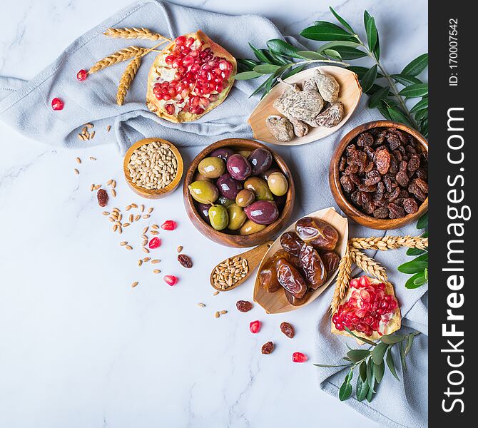 Tu Bishvat Holiday Symbols - Dried Fruits, Pomegranate, Barley, Wheat