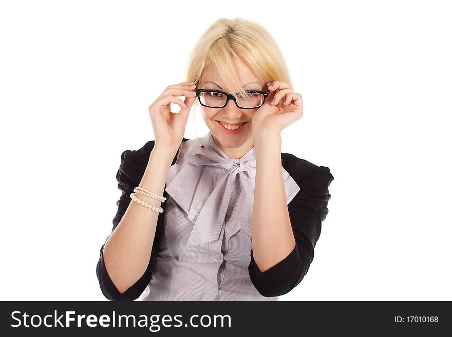 The beautiful russian woman in the glasses on the white background. The beautiful russian woman in the glasses on the white background.