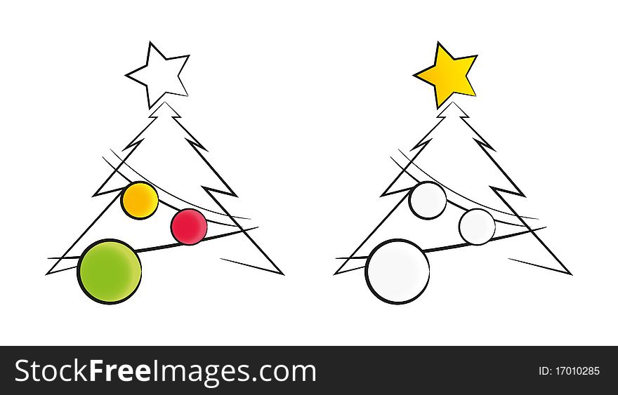 An illustrated christmas tree having two variations. The first pointing out for the spheres and the second for the star. An illustrated christmas tree having two variations. The first pointing out for the spheres and the second for the star.