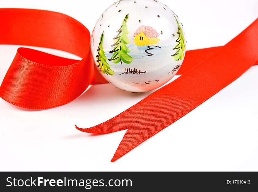 Christmas Ornament with white globe and red ribbon. Christmas Ornament with white globe and red ribbon